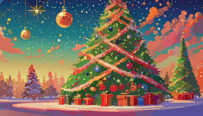 Christmas tree in snowy winter holiday landscape