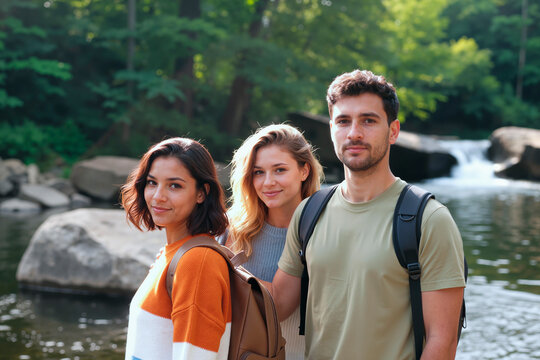 Three young adults, two women and one man, standing together outdoors near river with backpacks, smiling and looking at camera, trees and rocks in background
