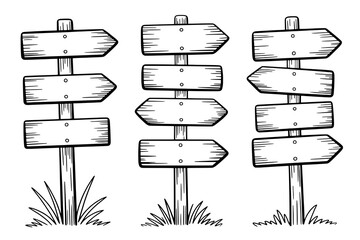 Set of three black outline hand-drawn wooden signposts with varying arrow and rectangular signs, textured with hatching, standing in grass against a white background.