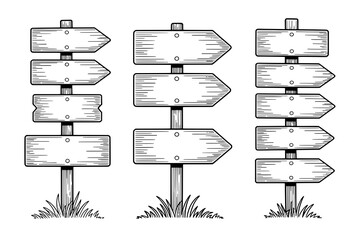 Set of three black outline hand-drawn wooden signposts with varying arrow and rectangular signs, textured with hatching, standing in grass against a white background.