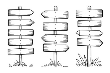 Collection of Three Hand-Drawn Black Outline Wooden Signposts with Directional Arrows and Blank Boards, Sketch Style on White Background