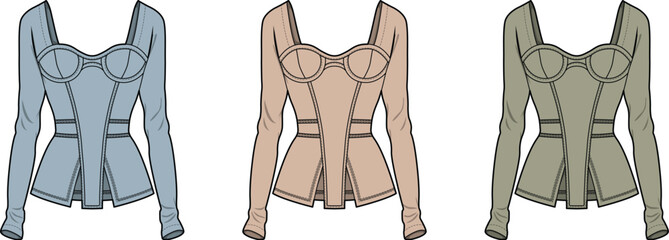 Digital flat illustration of women's long-sleeve peplum bustier tops, showing varied apparel designs in blue, beige, and olive colors for clothing creation