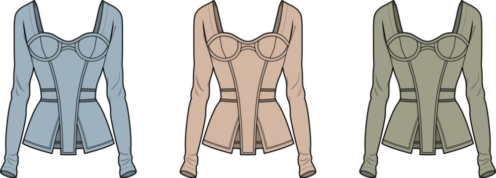 Digital flat illustration of women's long-sleeve peplum bustier tops, showing varied apparel designs in blue, beige, and olive colors for clothing creation