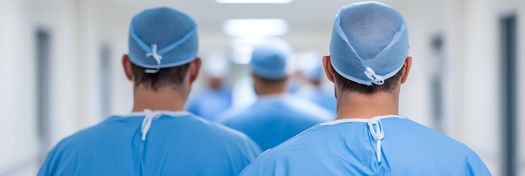 A line of medical professionals strides with determination down a bright, sterile hospital corridor, symbolizing dedication and teamwork in healthcare settings.
