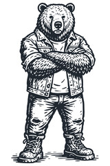 Fototapeta premium A cool anthropomorphic bear character in a denim jacket and boots with arms crossed. Strong mascot illustration in a vintage monochrome engraving vector style.