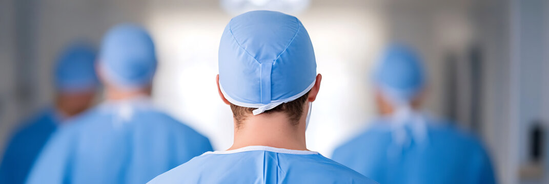 Surgeons walking down the hallway in a hospital, ready to perform surgery. They are dressed in blue surgical scrubs, wearing caps. Focused and professional.