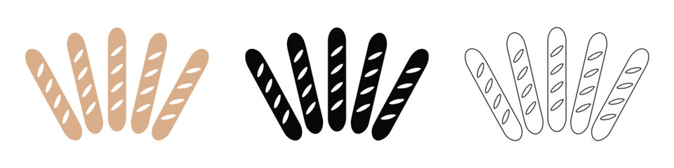 French Baguette Icons Set - Color, Silhouette, and Line Art Vector
