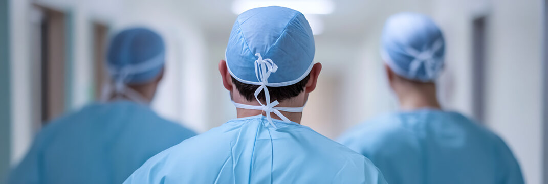 Three medical professionals are walking down a bright hospital hallway. They are wearing surgical scrubs and caps, heading towards an emergency in order to provide crucial support.