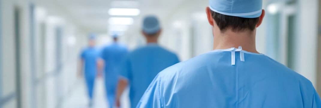 Focused on healing, medical staff walks hospital corridor, showing teamwork and dedication to patient care. Clean, bright setting with team in matching scrubs.
