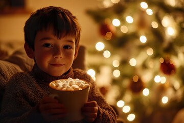Naklejka premium Boy enjoying hot chocolate near Christmas tree