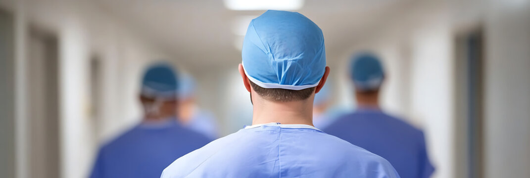 A team of medical professionals walk down a brightly lit hospital corridor, wearing surgical scrubs and caps, ready to provide expert care and support to those in need.