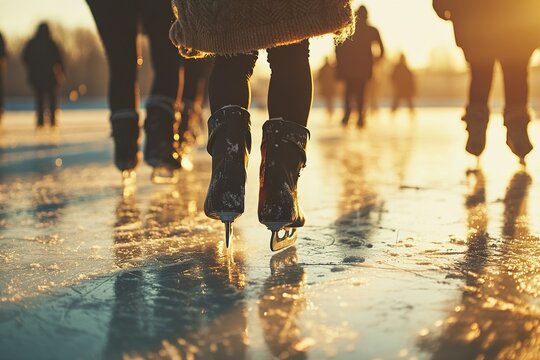 People ice skating on frozen lake at sunset