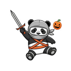 A cute cartoon panda dressed as a ninja, holding a sword and sitting next to a jack-o'-lantern. © DediGalihWisnumurti