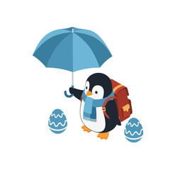 A cute cartoon penguin wearing a scarf and backpack, holding an umbrella and walking with two decorated eggs.