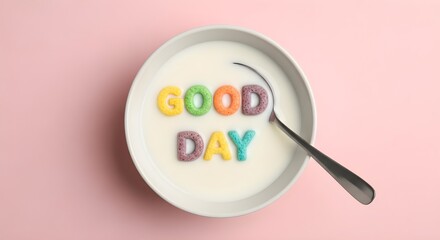 Good Day Cereal Message in Milk, Pastel Pink Flat Lay