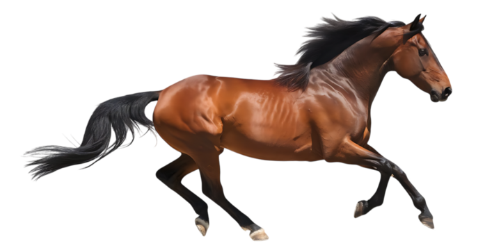Majestic brown horse, with a flowing black mane and tail captured in mid gallop, cutout, PNG isolated on white or transparent background