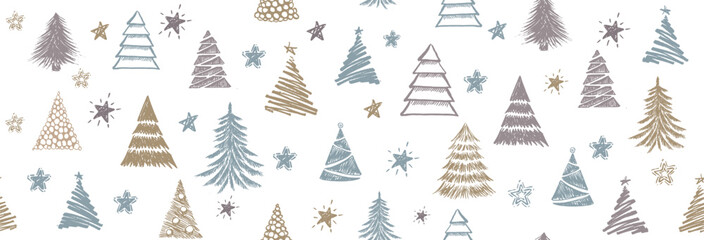 Christmas tree pattern on white, hand-drawn illustrations.	
