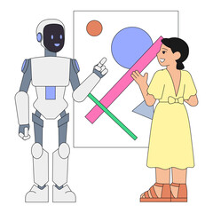 Robot explaining abstract painting to visitor, AI museum guide for enhanced learning experience