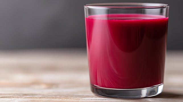 A vibrant glass of deep red juice sits on a weathered wooden surface, backdropped by a serene grey. A testament to simple pleasures & healthy refreshment. Invigorating!