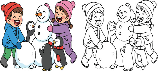 Joyful Kids and Playful Penguins Building Snowmen in Winter Fun