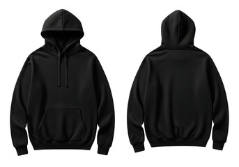 Stylish black hoodies front and back view for modern apparel mockups and designs isolated on transparent background