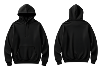 Stylish black hoodies front and back view for modern apparel mockups and designs isolated on transparent background