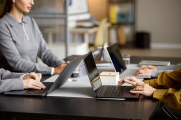 Caucasian Woman and Colleagues Collaborating on Laptops in Office
