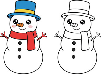 Art & Illustration Cute Kawaii Snowman Character Vector Illustration with Scarf and Hat - Adorable Winter Holiday Design for Christmas and Festive Projects