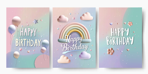 Set of birthday cards with rainbow, balloons, flowers, delicate clouds. Soft pastel backgrounds. Cute festive template.