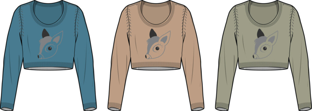 Collection of trendy long-sleeve cropped sweatshirts featuring a deer head design. Technical apparel drawing template for fashion industry in multiple color options