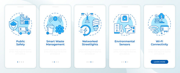 Smart city infrastructure and services blue onboarding mobile app screen. Walkthrough 5 steps editable graphic instructions with linear concepts. UI, UX, GUI. Montserrat SemiBold, Regular fonts used