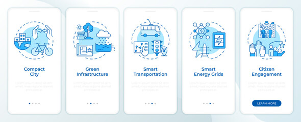 Sustainable urban development blue onboarding mobile app screen. Walkthrough 5 steps editable graphic instructions with linear concepts. UI, UX, GUI. Montserrat SemiBold, Regular fonts used