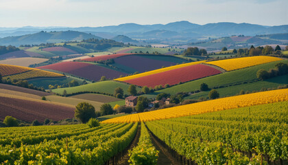 Vibrant vineyard landscape with colorful rolling hills in Tuscany during autumn season
