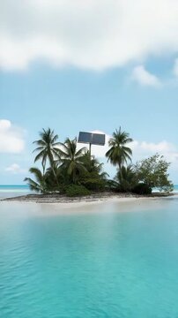 A blue ocean with palm trees and a sign that says "Budweiser". The image has a calm and relaxing mood, with the blue water and palm trees creating a serene atmosphere