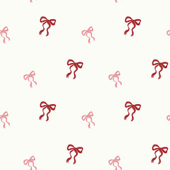 Seamless pattern with cute red and pink bows. Crayon style. Festive background