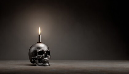 A striking still life featuring a metallic skull with a lit candle on top.
