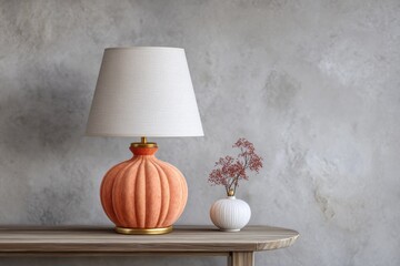 A stylish interior still life featuring a textured orange lamp with a linen shade alongside a small white vase holding delicate red branches.