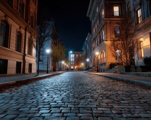 A tranquil cobblestone street scene at night with warm light spilling from building windows, contrasting with the cool, deep blue of the night sky.