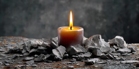 A warm, glowing candle sits among rough, grey stones.