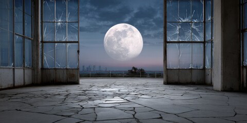 An atmospheric image showing an abandoned, derelict building interior with shattered windows and cracked floor, framing a massive full moon rising over a distant cityscape.