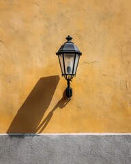 An elegant, black vintage-style lantern is mounted on a textured yellow wall, casting a long shadow.