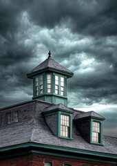 An old building with a distinct turret roof set against a dramatic, stormy sky.