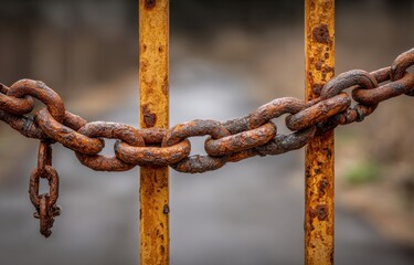 Close-up of a heavily rusted metal chain draped across weathered metal bars.