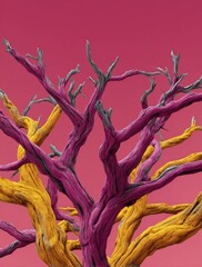 Close-up abstract image of intertwined bare tree branches, painted in vivid yellow, pink, and grey hues, set against a solid red background.
