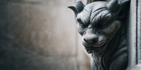 Close-up of a weathered stone gargoyle with intricate detail, perched on a building.