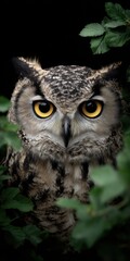 Close-up portrait of a majestic eagle owl with striking yellow eyes, peering intently from behind lush green foliage against a dark background.