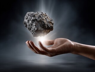 Conceptual image of a rough asteroid, glowing with power, levitating above an open hand against a dark, textured background.