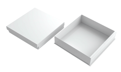 Two plain white boxes, one open, lid near