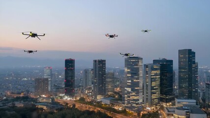 Swarm of delivery drones moving between skyscrapers along illuminated flight routes, emotion of precision and futuristic progress visible, representing urban drone networks, automated parcel - Powered by Adobe