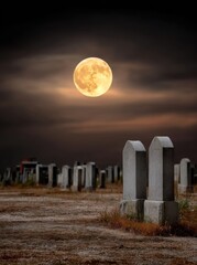 Eerie graveyard landscape featuring weathered tombstones under the glow of a vibrant full moon, set against a dark and dramatic sky.